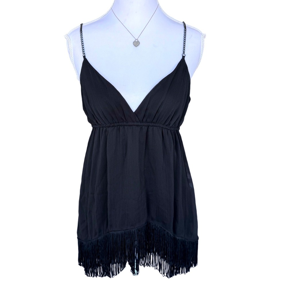 Y2K Guess Babydoll Top Cami Black Fringe Chain Strap Indie Grunge Small